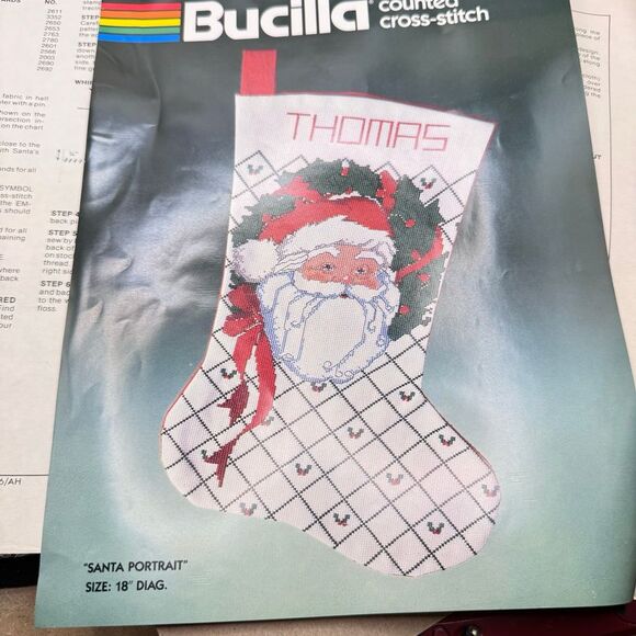 Bucilla counted cross stitch Santa portrait stocking partly finished - Picture 2 of 9